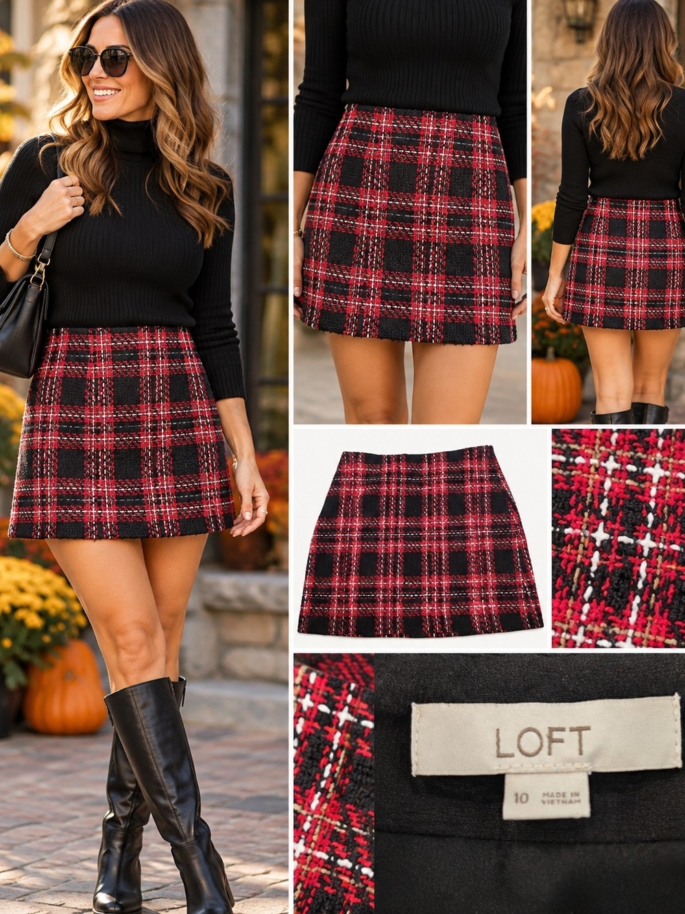 Loft Red Black Plaid A Line Skirt Size 10